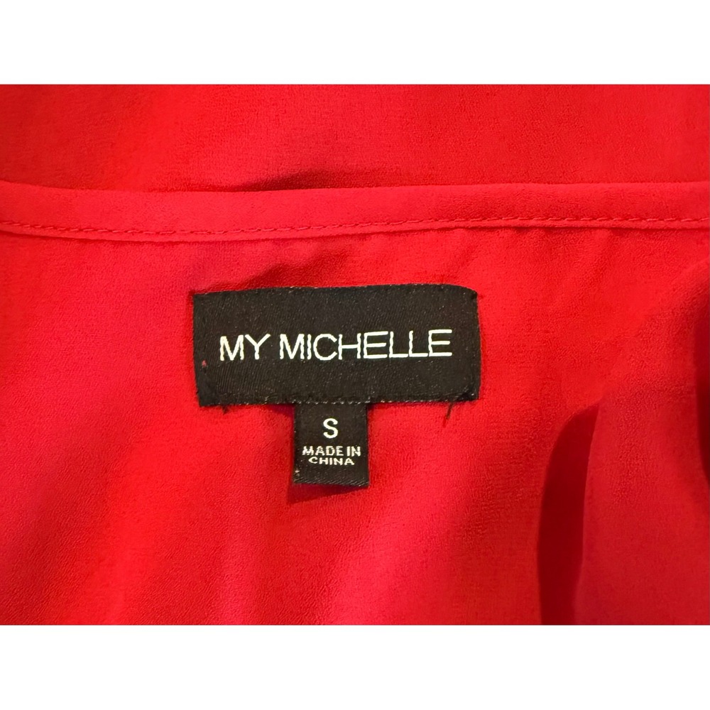My Michelle Womens Small Blouse Red 3/4 Roll Tab Sleeve Zipper Pocket High Low - Picture 4 of 11